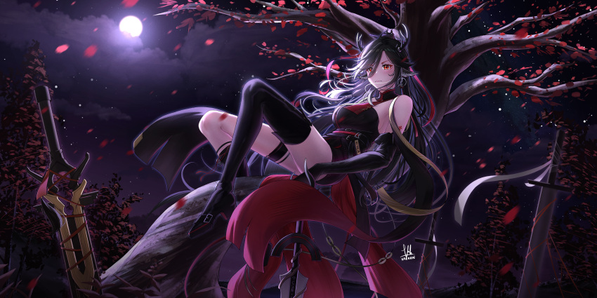 1girl absurdres animal_ears antlers arknights asymmetrical_footwear bare_shoulders black_dress black_gloves black_hair boots breasts closed_mouth deer_antlers deer_ears deer_girl dress gloves highres holding holding_sword holding_weapon in_tree long_hair medium_breasts moon night night_sky outdoors petals planted planted_sword qiubai_(arknights) red_eyes single_thigh_boot sitting sitting_in_tree sky solo sword thigh_boots thigh_strap tree varhan_zuhair weapon