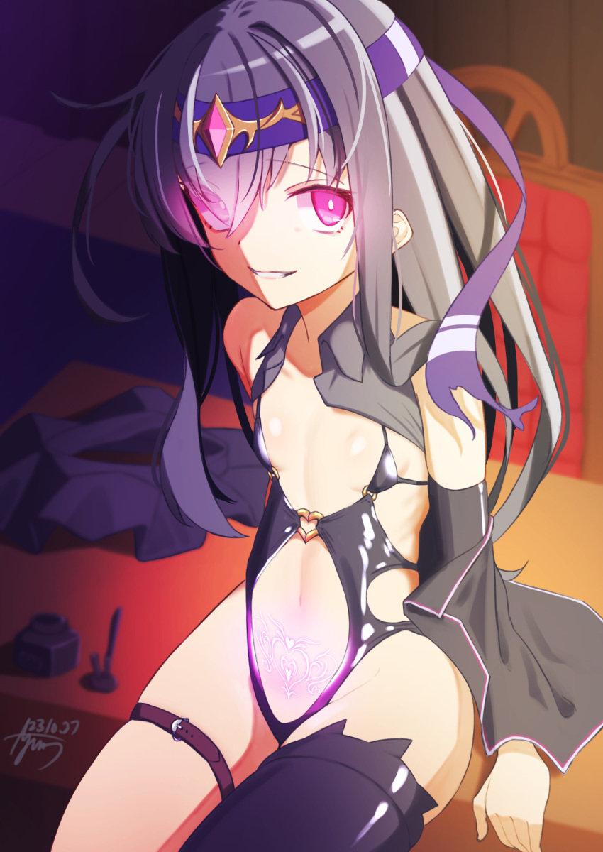 1girl adapted_costume alternate_eye_color asymmetrical_legwear ayuman bare_shoulders black_hair blue_headband breasts corruption evil_smile glowing glowing_eyes hachimaki hatsushimo_(kancolle) hatsushimo_kai_ni_(kancolle) headband highres kantai_collection kneehighs long_hair looking_at_viewer low-tied_long_hair pubic_tattoo single_kneehigh single_sock smile socks solo tattoo uneven_legwear