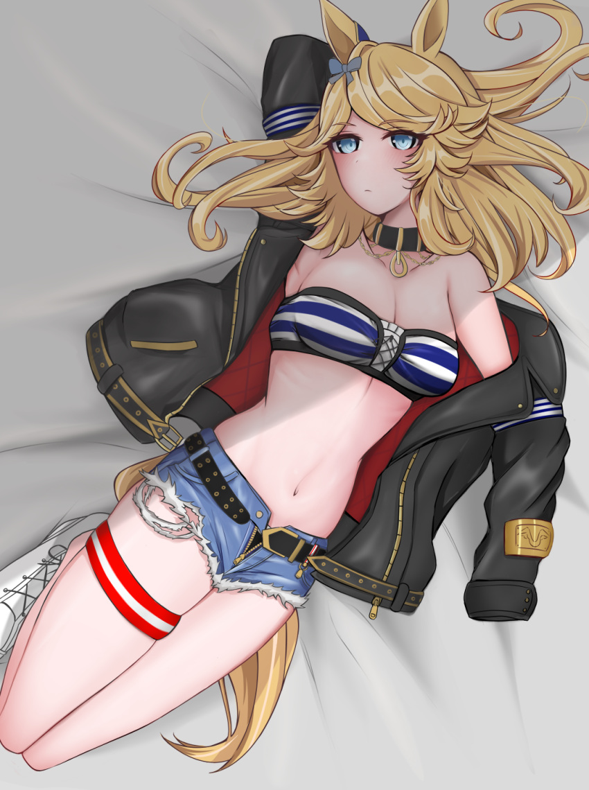 1girl animal_ears bandeau bare_shoulders bed_sheet belt black_belt black_choker black_jacket blonde_hair blue_bow blue_eyes bow breasts choker cleavage commentary_request cutoffs denim denim_shorts gold_city_(umamusume) hair_bow highres horse_ears jacket long_hair long_sleeves lying medium_breasts midriff navel off_shoulder on_back open_clothes open_jacket short_shorts shorts solo stomach strapless striped_bandeau sukurappu swept_bangs tail thigh_strap thighs tube_top umamusume white_footwear