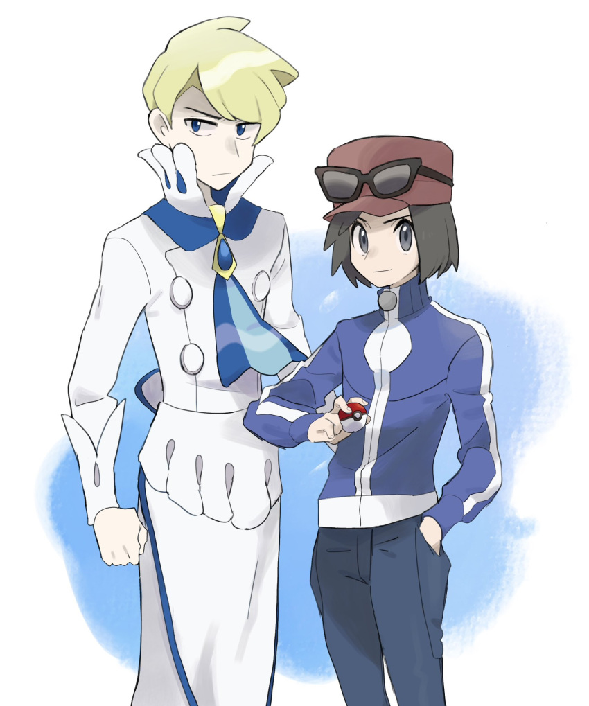 2boys apron ascot blonde_hair blue_ascot blue_eyes buttons calem_(pokemon) clenched_hand closed_mouth commentary_request eyewear_on_headwear grey_eyes hand_in_pocket hat highres holding holding_poke_ball jacket long_sleeves looking_at_viewer male_focus multiple_boys pants poke_ball poke_ball_(basic) pokemon pokemon_(game) pokemon_xy red_headwear sana_(37pisana) shirt short_hair siebold_(pokemon) sunglasses turtleneck turtleneck_jacket waist_apron white_apron white_pants white_shirt zipper_pull_tab