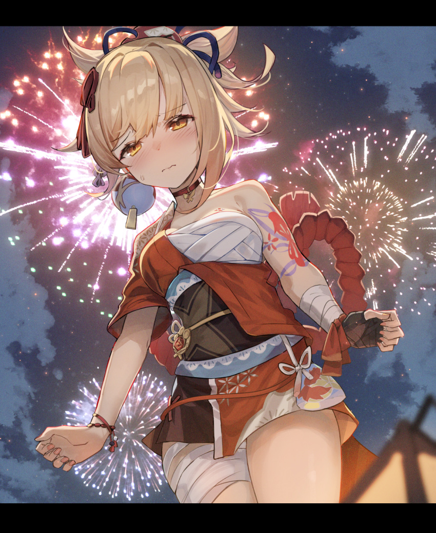 1girl arm_tattoo blonde_hair blush breasts brown_eyes chest_sarashi choker closed_mouth confession cowboy_shot fingerless_gloves fireworks genshin_impact gloves hair_between_eyes highres hopepe japanese_clothes kimono looking_at_viewer medium_breasts night night_sky orange_kimono ponytail sarashi single_glove sky solo sweatdrop tattoo yoimiya_(genshin_impact)