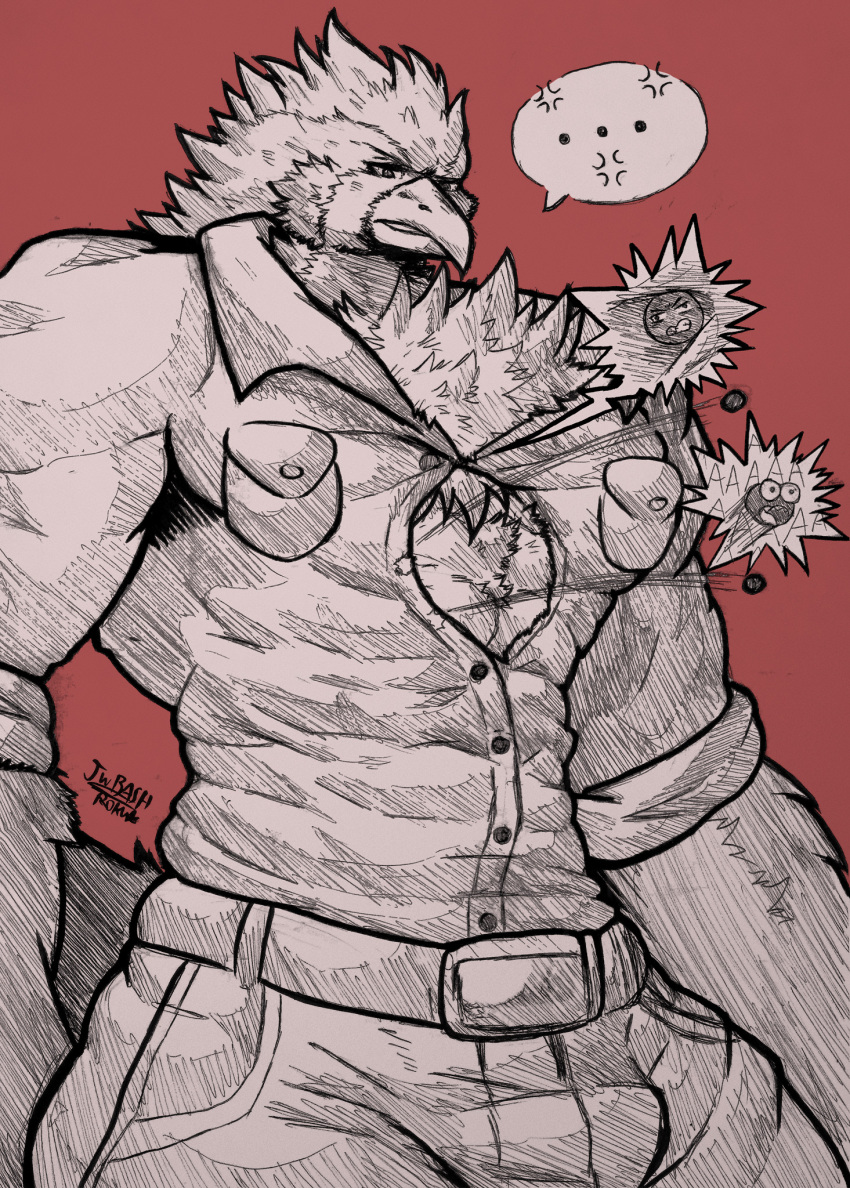 abs angry anthro avian beak belt big_muscles bottomwear clothing comic feathers fluffy_chest generation_3_pokemon hi_res huge_pecs jwbash male muscular muscular_anthro muscular_male nintendo pecs pokemon pokemon_(species) solo swellow torn_clothing