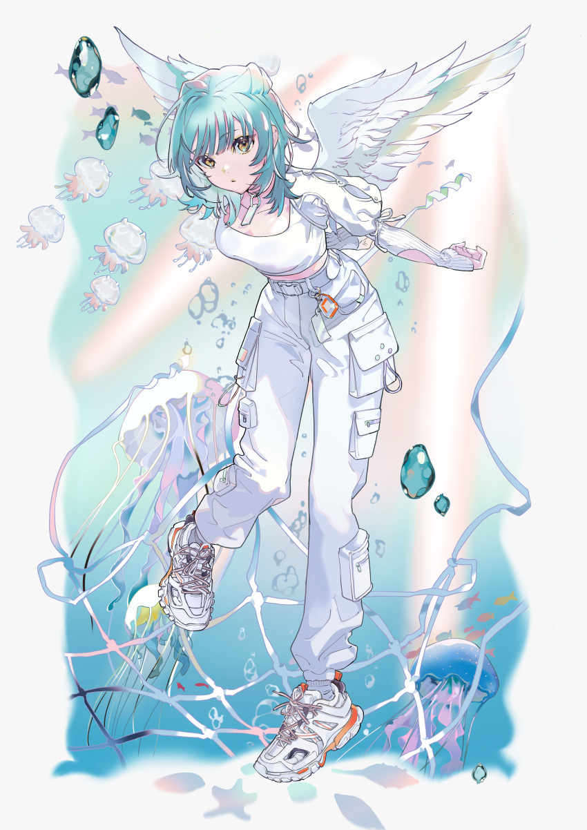 1girl absurdres air_bubble aqua_hair arm_warmers breasts bubble crop_top cropped_jacket double_bun feathered_wings fishing_net full_body grey_socks hair_bun haruno_taku highres jellyfish jewelry leaning_forward light_rays long_sleeves looking_at_viewer medium_breasts midriff original pants pendant pigeon-toed pocket puffy_short_sleeves puffy_sleeves school_of_fish seashell shell shirt short_hair short_sleeves socks solo standing standing_on_one_leg starfish underwater water white_footwear white_pants white_shirt wings yellow_eyes