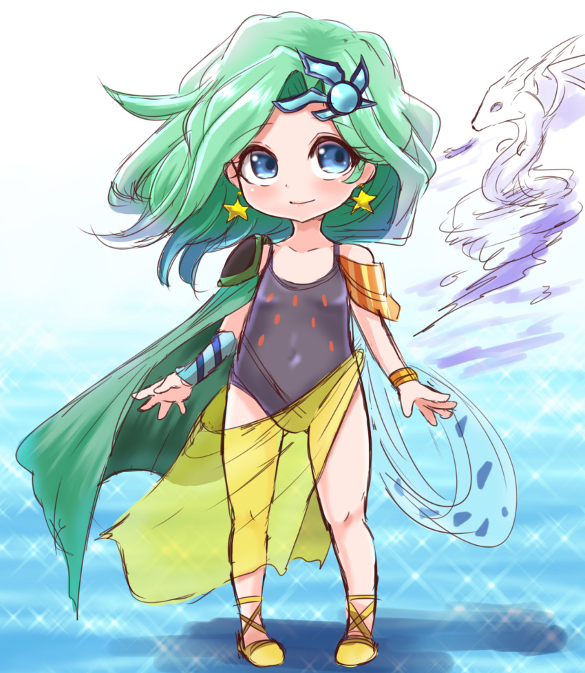 1girl ass_visible_through_thighs blue_eyes blue_leotard bracelet cape child earrings female_child final_fantasy final_fantasy_iv full_body green_cape green_hair hair_ornament harimao_(hanzou_uji) highres jewelry leotard long_hair looking_at_viewer rydia_(ff4) sarong see-through shoes smile solo star_(symbol) star_earrings thighs yellow_footwear yellow_sarong