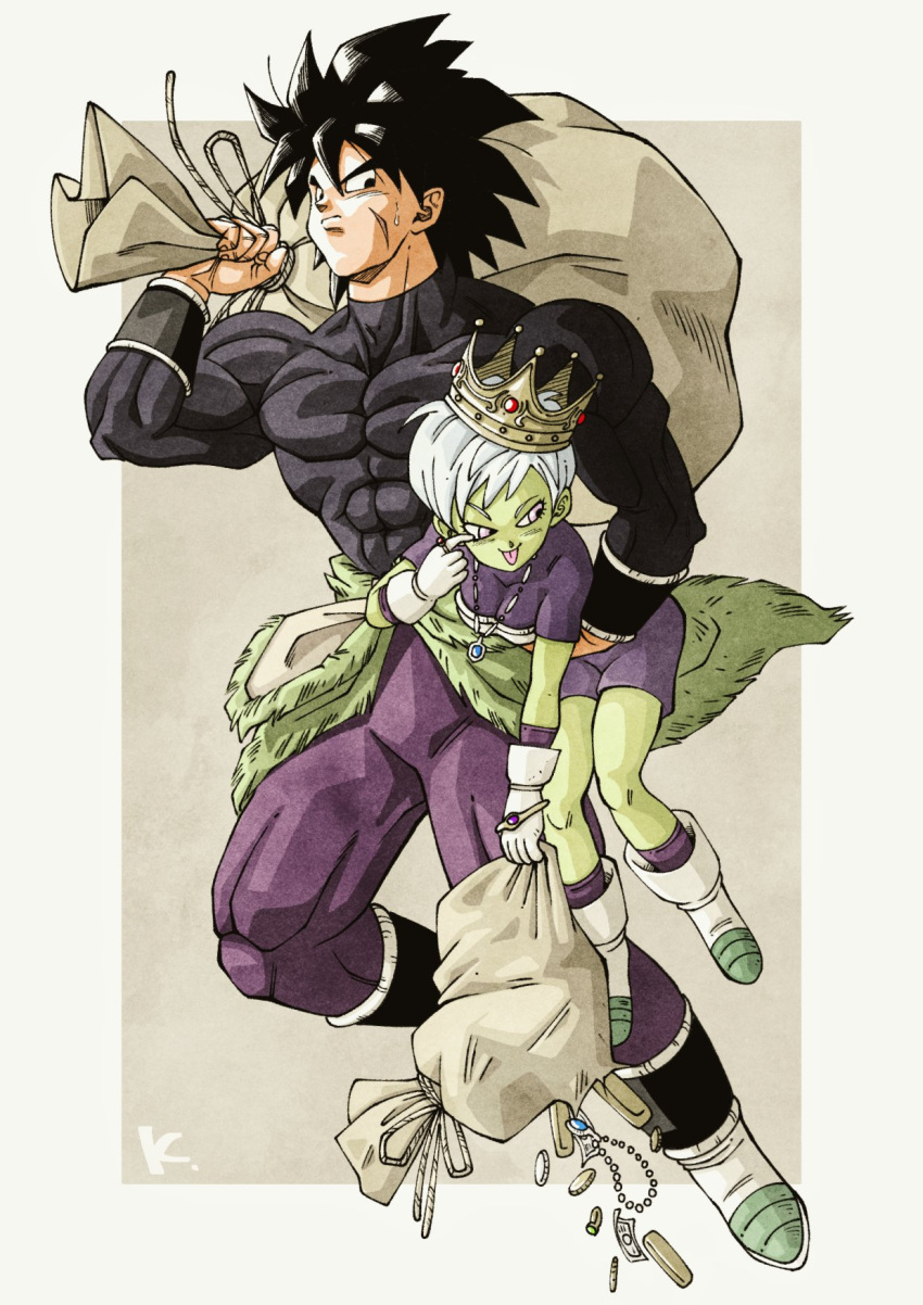 1boy 1girl akanbe bag bead_necklace beads black_eyes black_hair boots breasts broly_(dragon_ball_super) carrying carrying_under_arm cheelai colored_skin commentary_request covered_abs crown dragon_ball dragon_ball_super dragon_ball_super_broly frown gold green_skin highres holding holding_bag jewelry kakeru_(dbskakeru) medium_breasts monkey muscular muscular_male necklace pants robbery scar scar_on_cheek scar_on_face shirt short_hair signature size_difference smile sweatdrop tight tight_pants tight_shirt tongue tongue_out torn_bag white_footwear white_hair