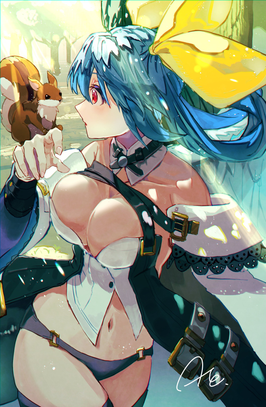 1girl absurdres angel_wings animal_ears arere_r asymmetrical_wings bare_shoulders belt black_panties blue_hair breasts cleavage cleavage_cutout clothing_cutout collarbone detached_collar detached_sleeves dizzy_(guilty_gear) forest guilty_gear guilty_gear_xrd hair_between_eyes hair_ribbon hair_rings highres large_breasts light_rays long_hair looking_at_another looking_back mature_female midriff monster_girl nature navel open_mouth panties red_eyes ribbon signature skindentation solo squirrel squirrel_ears squirrel_tail stomach sunbeam sunlight tail thick_thighs thigh_strap thighs tree twintails underwear wide_sleeves wings yellow_ribbon