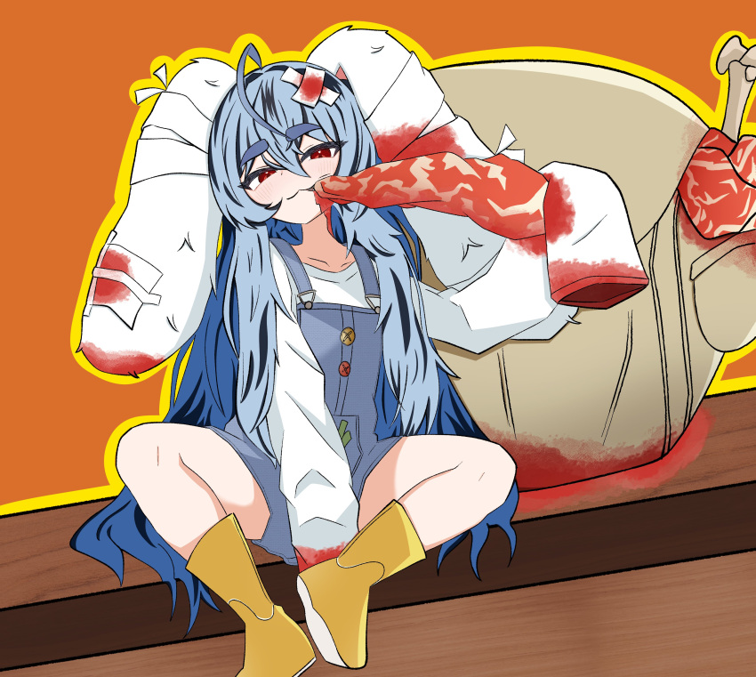 1girl absurdres ahoge animal_ears arm_between_legs backpack bag bandages blood blood_stain blue_dress blue_hair bone boots buttons collarbone denim dress eating food food_print hair_between_eyes highres indie_virtual_youtuber light_blue_hair looking_at_viewer lop_rabbit_ears meat noiriririri outline para_(vtuber) rabbit_ears red_background rubber_boots shirt sidelocks sitting spring_onion thick_eyebrows tsurime virtual_youtuber white_shirt yellow_footwear yellow_outline