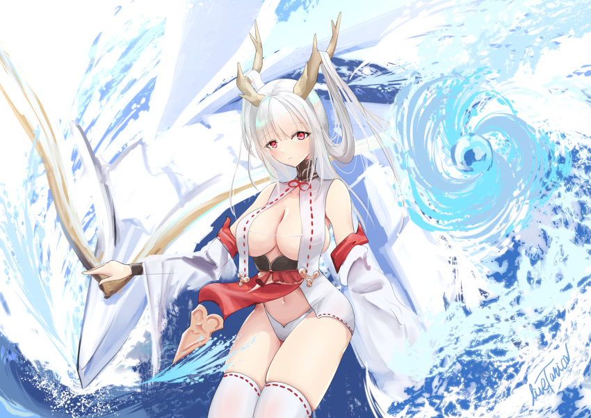1girl artist_name azur_lane bare_shoulders breasts closed_mouth crop_top crop_top_overhang detached_sleeves dragon_horns highres horns large_breasts legs_together livetarica long_hair looking_at_viewer navel panties pelvic_curtain red_eyes shimanto_(azur_lane) signature solo stomach thighhighs thighs underwear waves white_hair white_panties wide_sleeves world_of_warships