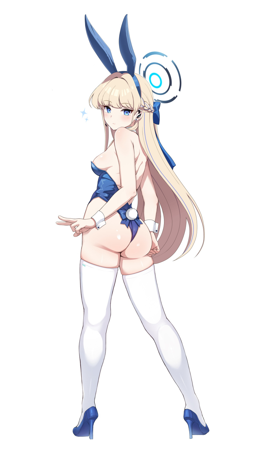 1girl absurdres animal_ears areola_slip ass blonde_hair blue_archive blue_eyes blue_hairband blue_leotard bow bowtie breasts detached_collar earpiece fake_animal_ears fake_tail hairband halo high_heels highleg highleg_leotard highres leotard long_hair looking_at_viewer looking_back medium_breasts mumistar official_alternate_costume playboy_bunny rabbit_ears rabbit_tail solo strapless strapless_leotard tail thighhighs toki_(blue_archive) toki_(bunny)_(blue_archive) v very_long_hair white_background white_thighhighs wrist_cuffs