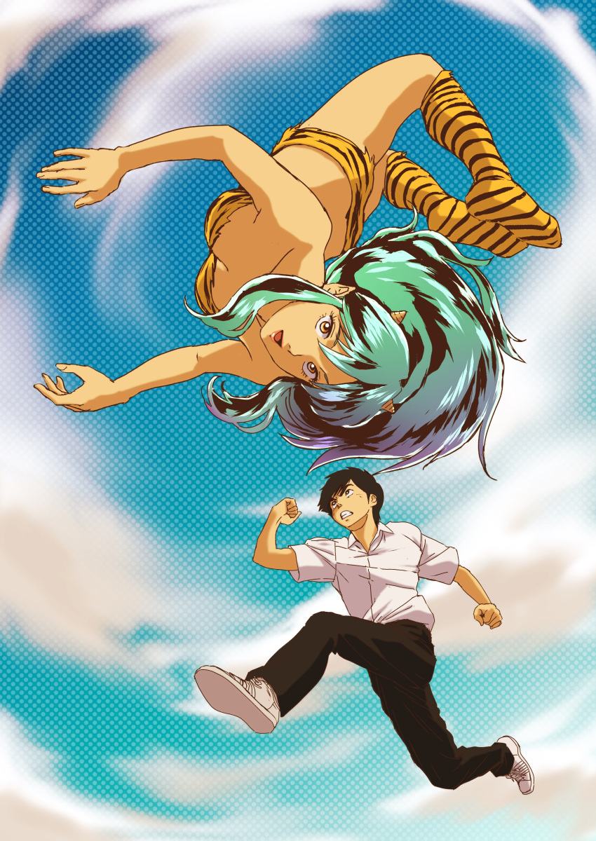 1boy 1girl absurdres animal_print bandeau black_hair breasts clenched_teeth commentary_request green_hair highres horns kneehighs long_hair looking_at_viewer lum medium_breasts midair moroboshi_ataru oni_horns orange_bandeau orange_eyes shirt socks teeth teikoku_jokyoku tiger_print upside-down urusei_yatsura white_shirt