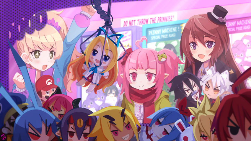 +_+ 6+boys 6+girls adell_(disgaea) ahoge angry antenna_hair arcade arm_up bags_under_eyes black_eyes black_hair blonde_hair blue_eyes blue_hair brown_hair character_doll character_request crane_game demon_horns desco_(disgaea) disgaea disgaea_rpg dress earrings english_text fenrich_(disgaea) flonne hair_between_eyes hat heart heart_ahoge highres hoop_earrings horns jacket jewelry laharl light_blush long_hair makai_senki_disgaea mario mario_(series) meiwakunaa mini_hat multiple_boys multiple_girls open_clothes open_jacket open_mouth pink_eyes pink_hair pleinair pointy_ears poster_(object) prinny purple_hair raspberyl red_eyes red_hair red_ribbon red_scarf ribbon rozalin scarf short_hair side_ponytail smile sparkling_eyes stuffed_toy teeth thick_eyebrows twintails valvatorez_(disgaea) very_long_hair white_hair