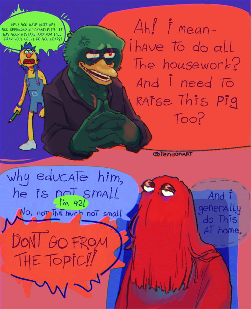 anthro avian beak bird clothing comic dialogue don't_hug_me_i'm_scared duck_guy_(dhmis) feathers green_body green_feathers group hi_res human humanoid jacket lidded_eyes male mammal overalls red_guy_(dhmis) scar smile speech_bubble tendonart toothed_beak topwear trio yellow_guy_(dhmis)