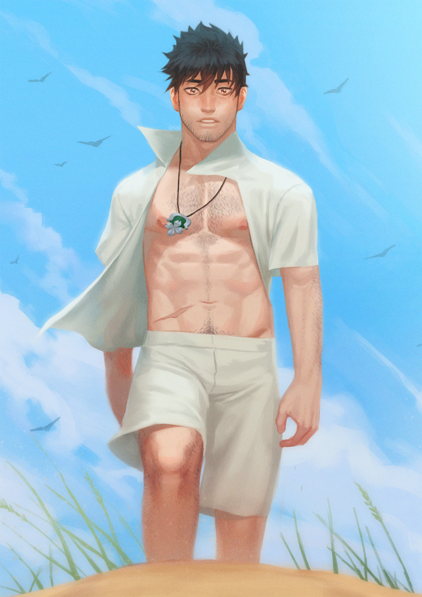 1boy abs bare_pectorals beach chest_hair cloud collared_shirt day facial_hair highres kia_shie male_focus male_swimwear navel nipples open_clothes open_shirt outdoors pectorals qrow_branwen rwby shirt sky solo white_male_swimwear white_shirt