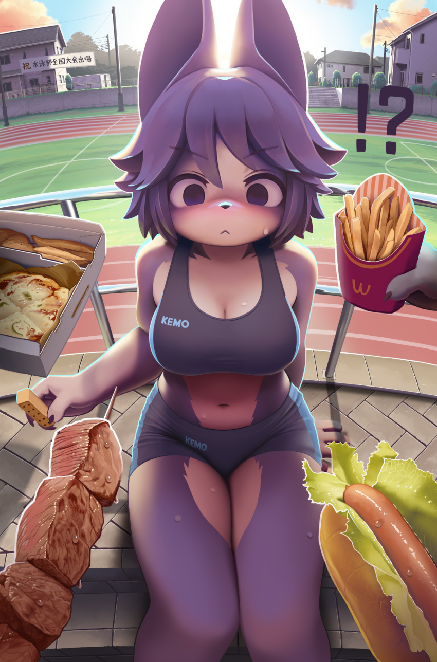2023 ?! absurd_res anthro anthro_focus bike_shorts blush bodily_fluids bottomwear bra breasts canid canine canis cleavage clothed clothing digital_media_(artwork) domestic_dog duo female female_anthro female_focus food food_fetish fries fur hair hi_res high-angle_view hot_dog hot_dog_bun japanese_text kebab kemono lettuce lyc mammal mcdonald's meat midriff navel pizza plant sausage shortbread shorts sitting solo_focus sports_bra suggestive suggestive_food sweat sweatdrop text tight_bottomwear tight_clothing tight_shorts translation_request underwear vegetable