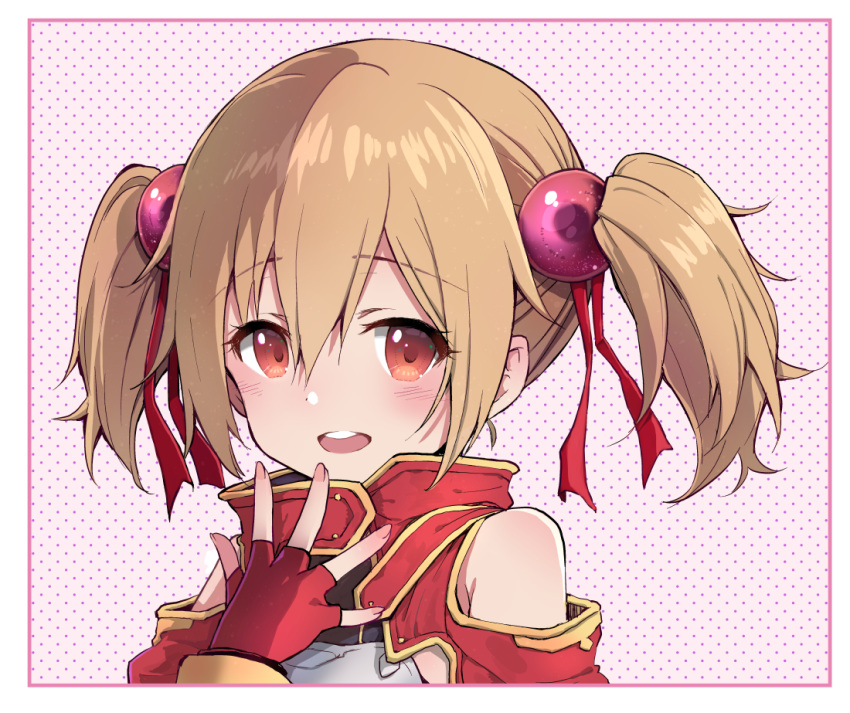 1girl bare_shoulders blush border brown_hair clothing_cutout dotted_background fingerless_gloves gloves hair_between_eyes looking_at_viewer nean open_mouth red_eyes red_gloves short_twintails shoulder_cutout silica solo sword_art_online teeth twintails upper_body upper_teeth_only white_border