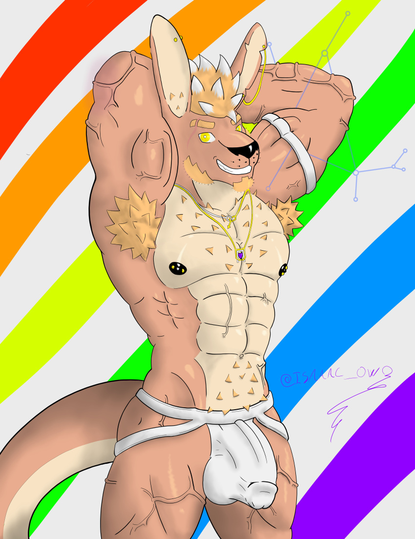 abs absurd_res anthro balls_outline bulge clothing detailed_bulge front_view genital_outline hands_behind_head hi_res isaaac_owo jewelry jockstrap kangaroo macropod male mammal marsupial muscular necklace penis_outline piercing scar solo underwear vein xolun_kordelvaly_van_del