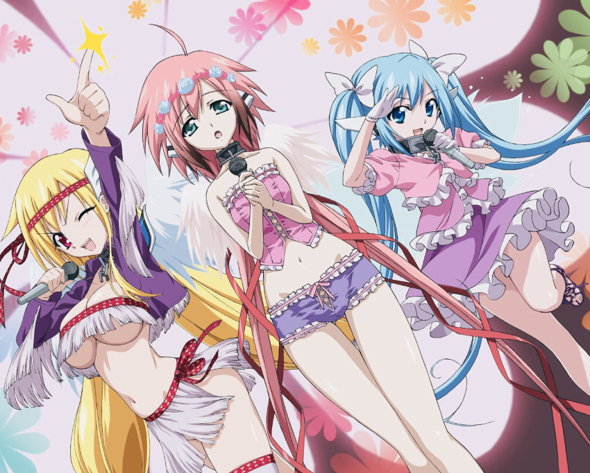 3girls angel_wings arm_up ass_visible_through_thighs astraea_(sora_no_otoshimono) bare_shoulders blue_eyes blue_hair blue_panties bow bow_panties breasts broken broken_chain capelet chain collar collarbone dress feathered_wings frilled_dress frilled_panties frills fringe_skirt fringe_trim green_eyes hair_ribbon hairband hand_up head_wreath highres holding holding_microphone ikaros large_breasts long_hair looking_at_viewer microphone multiple_girls navel nymph_(sora_no_otoshimono) official_art one_eye_closed open_mouth panties pink_corset pink_dress pink_hair puffy_short_sleeves puffy_sleeves purple_capelet red_hairband ribbon ribbon_bra robot_ears short_sleeves skirt sora_no_otoshimono thighs twintails underboob underwear very_long_hair watanabe_yoshihiro white_ribbon white_skirt white_wings wings
