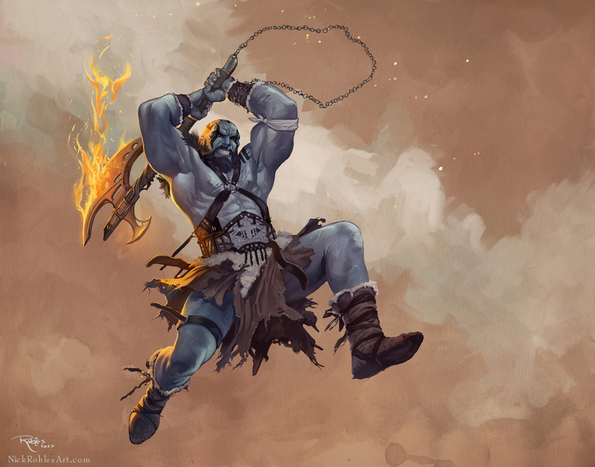 1boy abs armpits axe bald bandana bara beard biceps blue_skin boots chest_belt colored_skin critical_role facial_hair fighting_stance flaming_weapon frown full_body grog_strongjaw head_tattoo holding holding_axe jumping large_pectorals leather loincloth male_focus mature_male midair muscular muscular_male mustache nickrobles nipples o-ring o-ring_top official_art pectorals pelvic_curtain solo the_legend_of_vox_machina thick_thighs thighs
