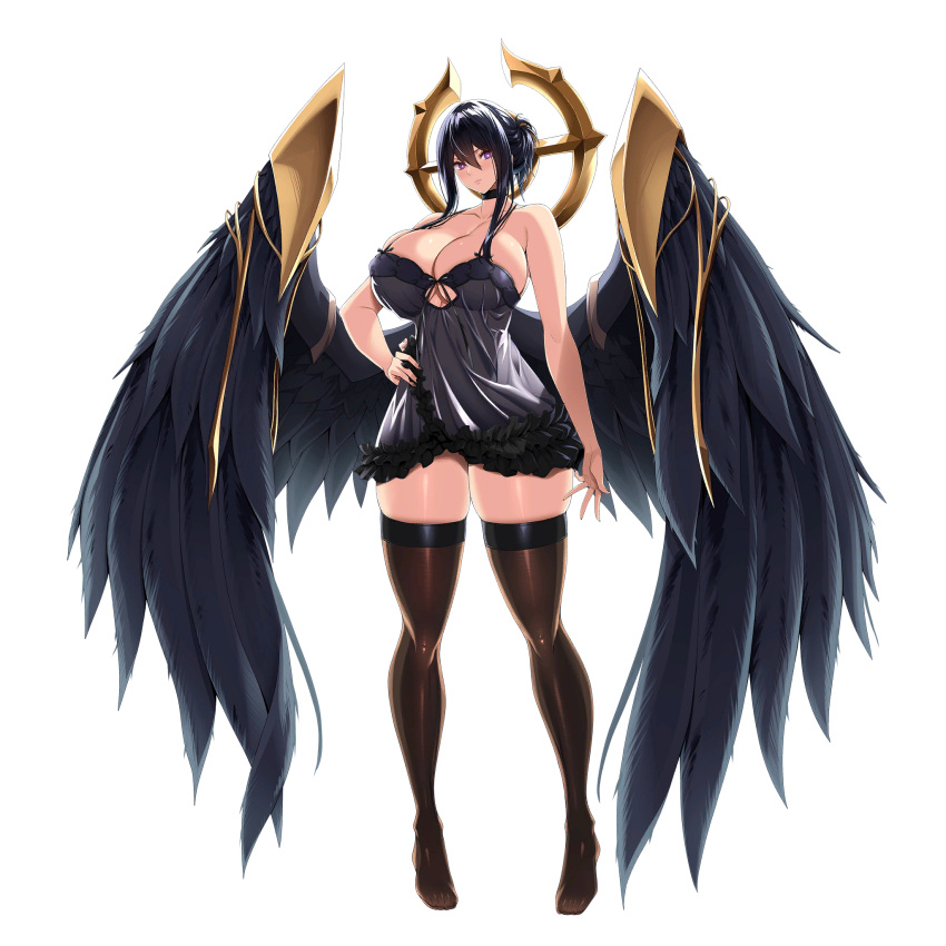 1girl babydoll bare_arms bare_shoulders black_choker black_hair black_negligee black_wings breasts brown_thighhighs bursting_breasts choker cleavage closed_mouth collarbone covered_nipples frilled_negligee frills full_body hair_between_eyes hair_bun hair_over_breasts halo hand_on_own_hip highres huge_breasts kloah last_origin lingerie lips long_hair looking_at_viewer nail_polish negligee official_alternate_costume official_art purple_eyes purple_nails revealing_clothes saraqael_(last_origin) sidelocks simple_background single_hair_bun skindentation solo standing tachi-e thick_thighs thighhighs thighs transparent_background underwear wing_ornament wings zettai_ryouiki