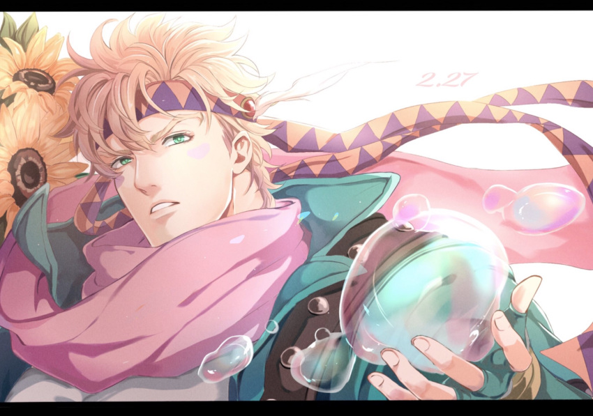 1boy battle_tendency blonde_hair caesar_anthonio_zeppeli dated facial_mark feather_hair_ornament feathers fingerless_gloves flower gloves green_eyes hair_ornament headband highres hydrokinesis jojo_no_kimyou_na_bouken male_focus r9exx soap_bubbles solo sunflower triangle_print water