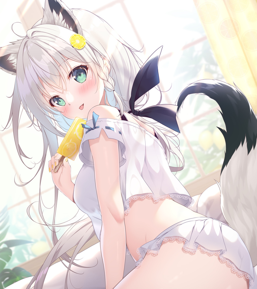 1girl ahoge animal_ear_fluff animal_ears black_bow black_bra blurry blurry_background blush bow bra braid commentary_request crop_top earrings food fox_ears fox_girl fox_tail green_eyes hair_between_eyes hair_bow hair_ornament highres holding holding_food holding_popsicle hololive indoors jewelry long_hair looking_at_viewer looking_to_the_side mikeou miniskirt popsicle shirakami_fubuki shirt sidelocks single_braid skirt solo tail tongue tongue_out underwear virtual_youtuber white_hair white_shirt white_skirt window