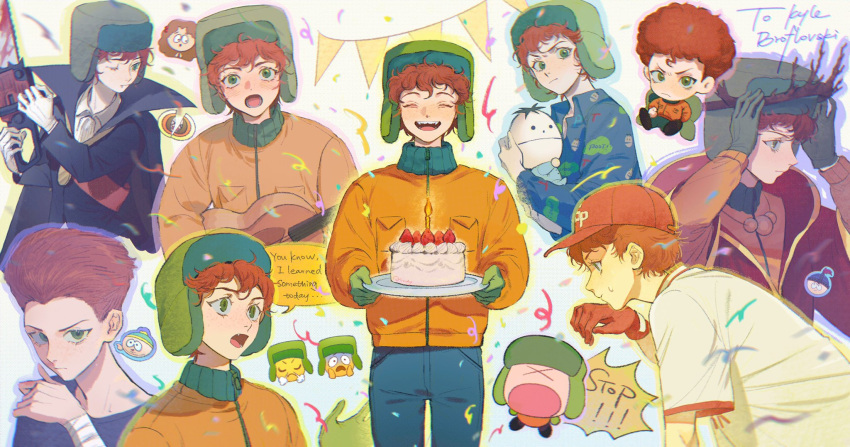 1girl 3boys airrrrrdy animification baseball_cap baseball_uniform birthday_cake cake candle chibi closed_eyes emoji eric_cartman food gloves green_eyes green_gloves green_headwear hat highres ike_broflovski jacket kenny_mccormick kyle_broflovski male_child male_focus multiple_boys one_eye_closed open_mouth orange_jacket red_gloves red_hair south_park sportswear