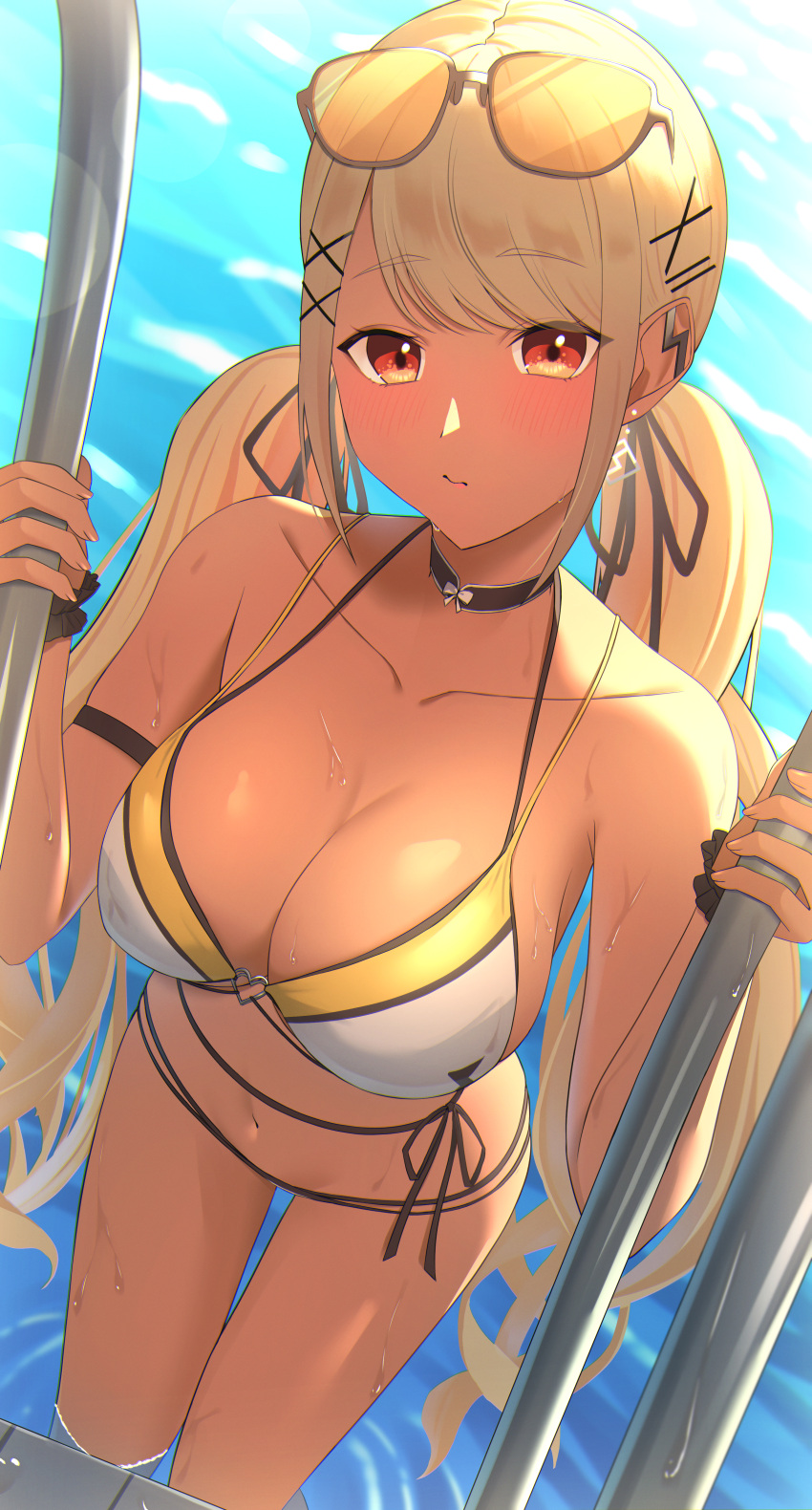 1girl absurdres bikini black_bikini black_choker black_ribbon black_scrunchie blonde_hair breasts choker dark-skinned_female dark_skin ear_piercing earrings eyewear_on_head hair_ornament hair_ribbon heart_o-ring highres hyon_2525 jewelry kaminari_qpi large_breasts layered_bikini lightning_bolt_earrings long_hair looking_at_viewer low_twintails multi-strapped_bikini_bottom multicolored_eyes navel o-ring o-ring_bikini orange_eyes piercing pool_ladder red_eyes ribbon scrunchie solo sunglasses swept_bangs swimsuit twintails very_long_hair virtual_youtuber vspo! water wet white_bikini wrist_scrunchie x_hair_ornament yellow_bikini yellow_eyes