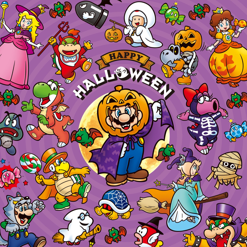 4girls 6+boys bandages birdo blonde_hair blooper_(mario) blue_eyes blue_overalls boots bow bowser bowser_jr. broom broom_riding brown_footwear brown_hair bullet_bill buzzy_beetle candy cape cheep_cheep crown dress dry_bones earrings elbow_gloves english_text facial_hair flower_earrings food ghost_costume glasses gloves goomba green_footwear green_shirt hair_over_one_eye halloween_costume hammer_brothers hat highres holding holding_candy holding_food holding_lollipop holding_pitchfork holding_wand jack-o'-lantern jewelry light_blue_dress lollipop long_hair luigi magikoopa mario mario_(halloween) mario_(series) multiple_boys multiple_girls mustache nakaue_shigehisa_(style) official_alternate_costume official_art open_mouth orange_cape orange_dress overalls pink_bow pink_dress pitchfork princess_daisy princess_peach princess_peach_(halloween) puffy_short_sleeves puffy_sleeves purple_background purple_cape purple_headwear rosalina round_eyewear shirt short_sleeves sphere_earrings swirl_lollipop swoop_(mario) teeth toad_(mario) top_hat wand white_gloves witch_hat wolf_hood wolf_paws yoshi
