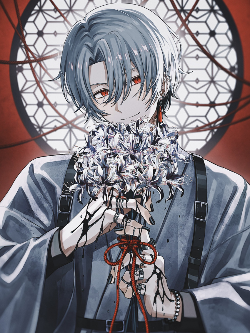 1boy absurdres architecture azuma_hatori bead_bracelet beads bishounen black_blood blood blood_on_hands bracelet ear_piercing earrings east_asian_architecture flower grey_hair hair_ornament hand_up head_tilt highres holding holding_flower indoors japanese_clothes jewelry light_smile liquid long_sleeves looking_at_viewer male_focus multiple_rings original parted_bangs piercing red_eyes ring rope shimenawa shirt short_hair single_earring slit_pupils solo spider_lily strapless strapless_shirt upper_body white_flower white_hair wide_sleeves