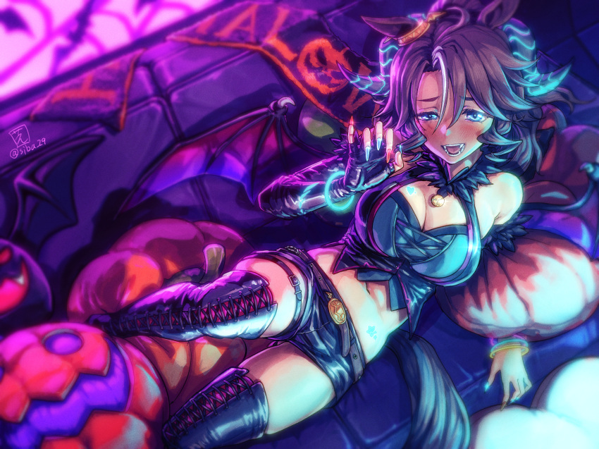 1girl animal_ears bare_shoulders black_thighhighs blush breasts brown_hair claw_pose cleavage cleavage_cutout clothing_cutout commentary_request couch crop_top elbow_gloves fangs fingerless_gloves gloves highres horse_ears horse_girl horse_tail jack-o'-lantern large_breasts long_hair looking_at_viewer lying mejiro_palmer_(devil_in_the_moonlight)_(umamusume) mejiro_palmer_(umamusume) midriff multicolored_hair navel on_back open_mouth parted_bangs ponytail shiba_itsuki shirt short_shorts shorts sleeveless sleeveless_shirt smile solo streaked_hair tail thighhighs umamusume wings