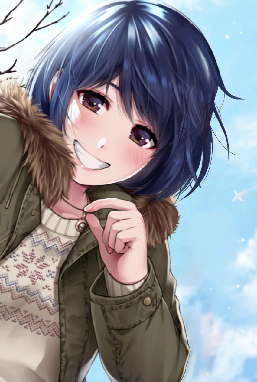 1girl :d adjusting_necklace aircraft airplane blue_hair blue_sky blush bob_cut brown_eyes cloud coat contrail cover cover_page domestic_na_kanojo eyelashes fur-trimmed_coat fur_trim green_coat grin highres hood hood_down jewelry knit_sweater long_sleeves looking_at_viewer manga_cover messy_hair necklace non-web_source official_art open_clothes open_coat outdoors parted_lips pendant sasuga_kei short_hair sky smile sweater tachibana_rui textless_version tree upper_body white_sweater wind winter_clothes