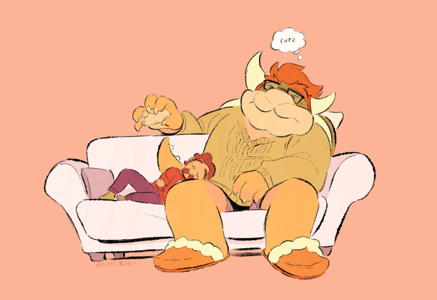 bowser claws clothing cousineggplant duo english_text facial_hair furniture head_on_lap horn human koopa luigi male mammal mario_bros mustache nintendo on_lap pillow scalie size_difference slippers sofa sweater text thought_bubble topwear