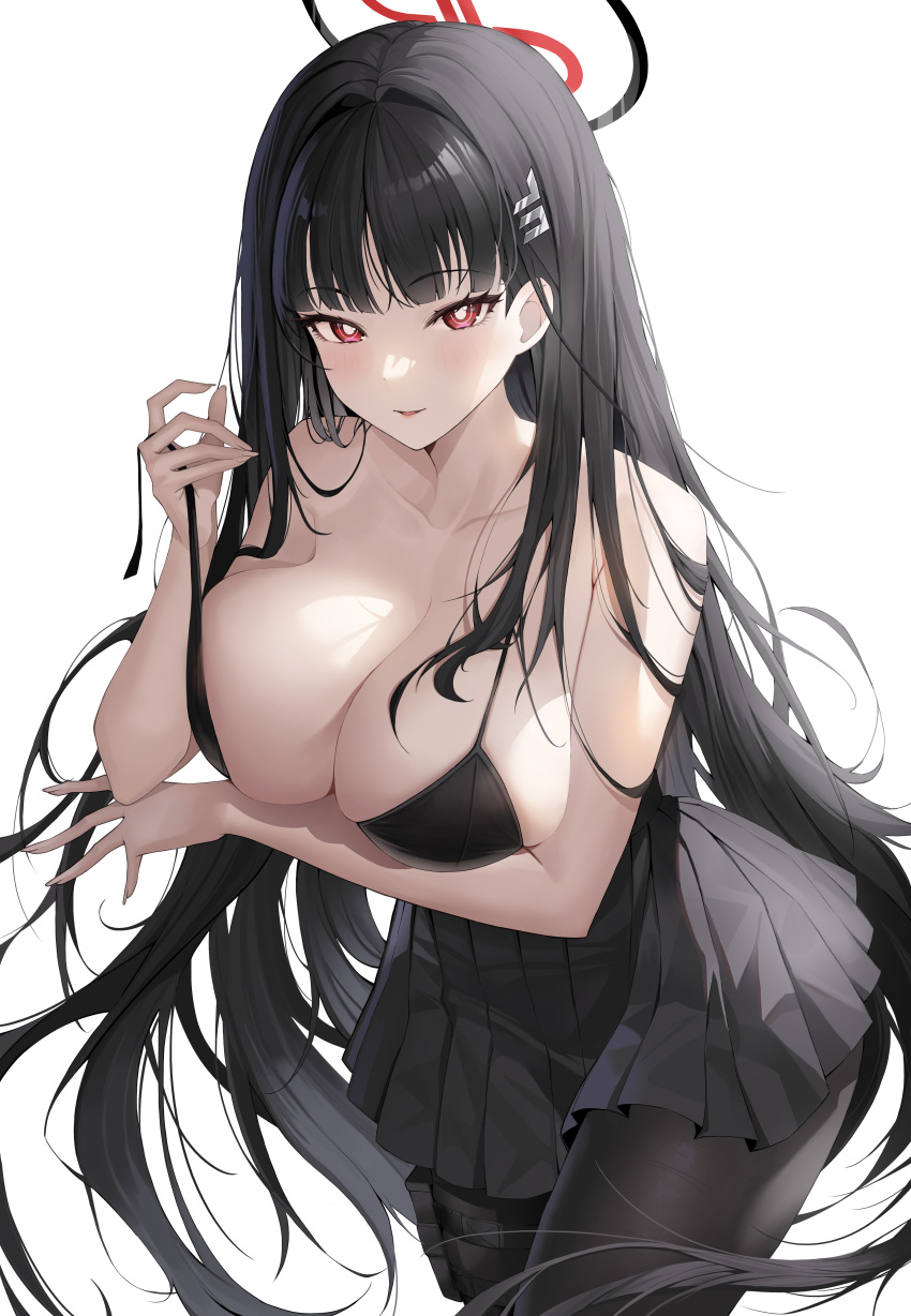 1girl absurdres arm_under_breasts black_bra black_hair black_pantyhose black_skirt blue_archive blunt_bangs blush bra breasts bright_pupils cleavage collarbone commentary_request hair_ornament hairclip halo highres jupo large_breasts long_hair looking_at_viewer pantyhose parted_lips pleated_skirt red_eyes rio_(blue_archive) simple_background skirt smile solo strap_pull thigh_pouch underwear wardrobe_malfunction white_background