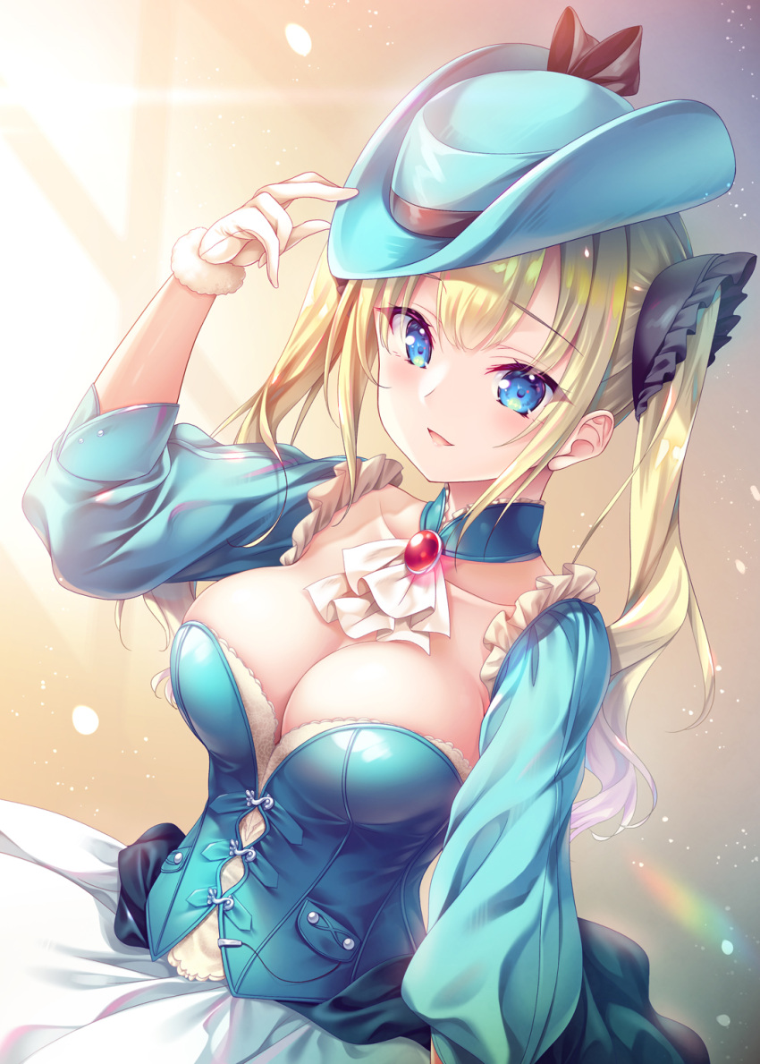 1girl ascot black_ribbon blonde_hair blue_corset blue_eyes blue_headwear blue_skirt breasts cleavage commentary_request corset detached_sleeves frilled_sleeves frills fur-trimmed_gloves fur_trim gem gloves hand_on_headwear hat hat_ribbon highres large_breasts lens_flare light_particles long_hair looking_at_viewer original red_gemstone ribbon skirt smile solo sunlight twintails white_ascot white_gloves yuurei_yashiki