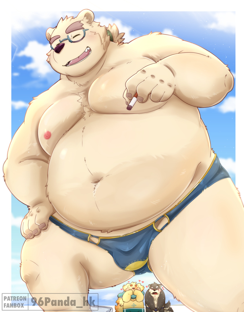 &lt;3 2023 96panda absurd_res anthro bear belly blood blush bodily_fluids bulge canid canine canis chibi cigarette clothing cu_sith_(tas) domestic_dog eyebrows fur grey_body grey_fur group hi_res leib_(tas) lifewonders male male/male mammal moritaka musclegut navel nipples nosebleed pecs polar_bear smoking speedo swimwear thick_eyebrows tokyo_afterschool_summoners trio ursine white_body white_fur yellow_body yellow_fur