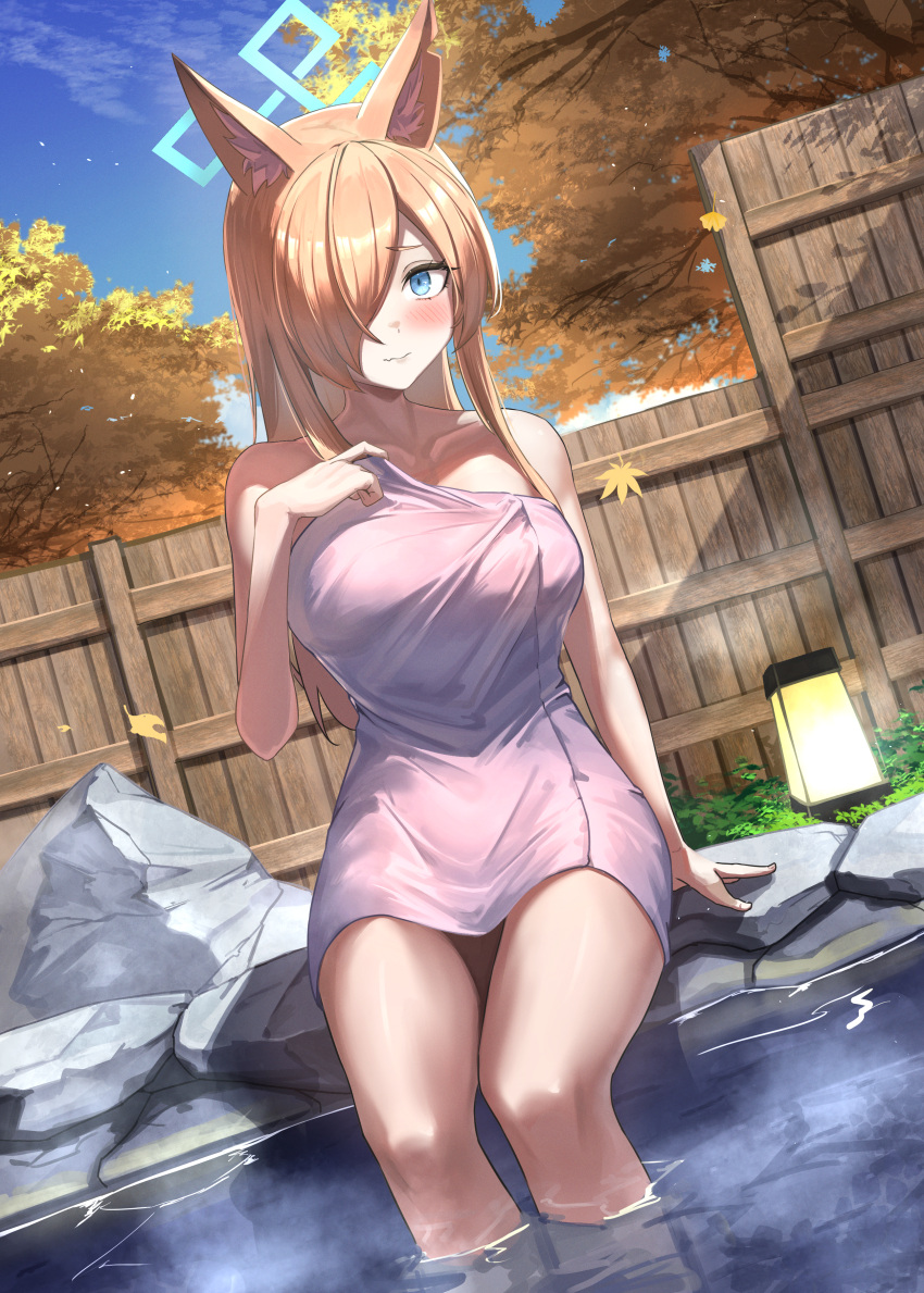 1girl absurdres animal_ear_fluff animal_ears autumn autumn_leaves blonde_hair blue_archive blue_eyes blue_halo blush breasts closed_mouth collarbone day feet_out_of_frame ginkgo_leaf hair_over_one_eye halo highres kanna_(blue_archive) large_breasts leaf long_hair looking_at_viewer naked_towel onsen outdoors sitting soaking_feet solo towel watashinabe water white_towel