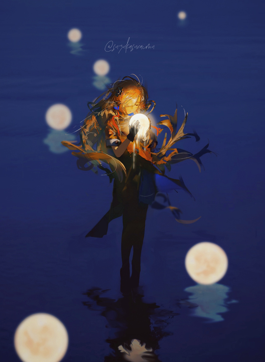 1girl absurdres black_flower blonde_hair closed_eyes closed_mouth flower hair_flower hair_ornament highres holding isekai_joucho kamitsubaki_studio long_hair reflection reflective_water solo suzukasuraimu virtual_youtuber water