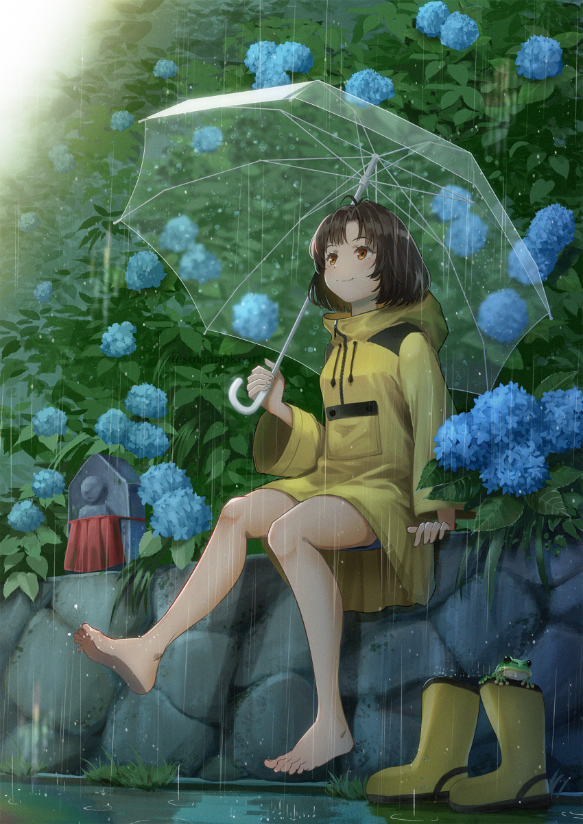 1girl antenna_hair artist_name barefoot blue_flower blush boots brown_eyes brown_hair bush closed_mouth coat commentary_request eyelashes feet flower frog full_body grass hand_up highres holding holding_umbrella hood hood_down hooded_coat hydrangea long_sleeves looking_up no_shoes original outdoors parted_bangs rain raincoat rubber_boots short_hair sitting sitting_on_wall smile solanoko solo stone_wall toes transparent transparent_umbrella twitter_username umbrella unworn_boots wall water wide_sleeves yellow_coat yellow_footwear zipper zipper_pull_tab