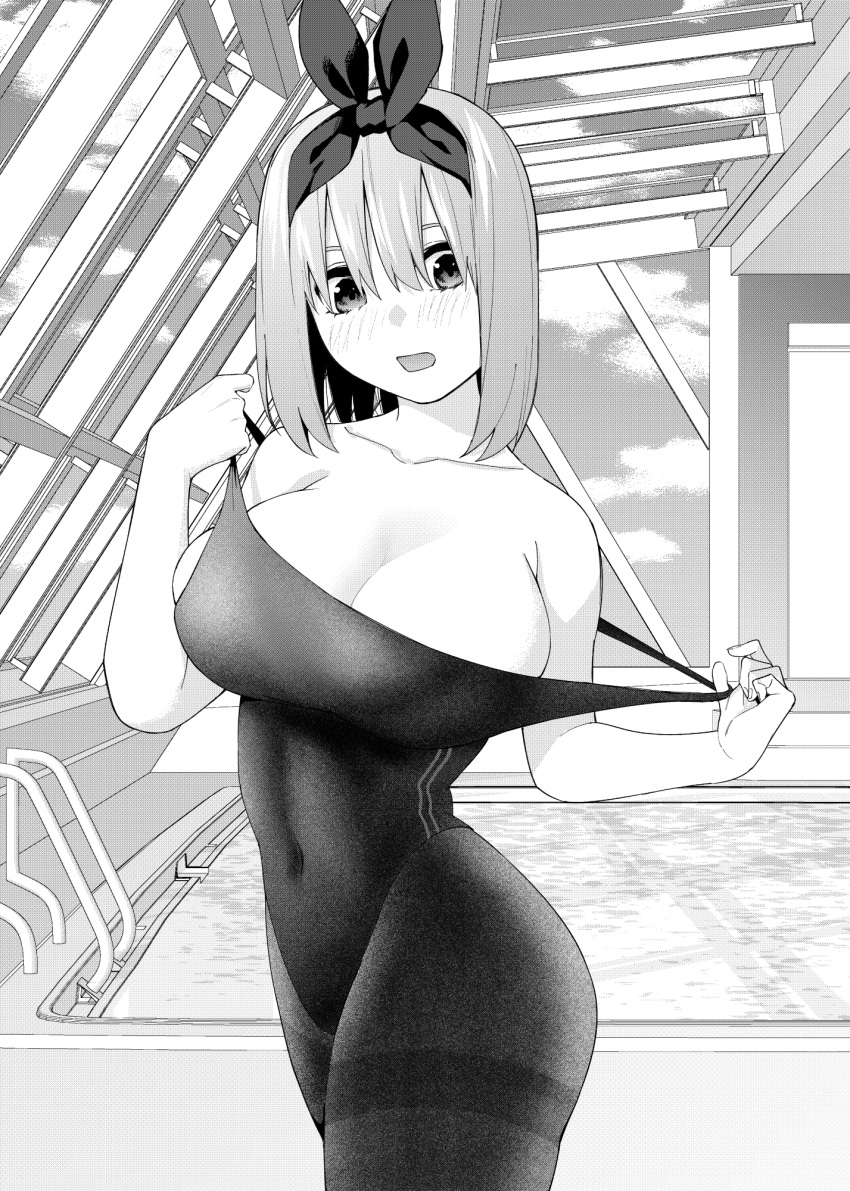 1girl blush bow breasts clothes_pull collarbone commentary_request competition_swimsuit covered_navel cowboy_shot go-toubun_no_hanayome greyscale hair_bow highres indoors kosmos_beta large_breasts looking_down medium_hair monochrome nakano_yotsuba one-piece_swimsuit one-piece_swimsuit_pull open_mouth paid_reward_available pantyhose pantyhose_under_swimsuit pool rei_no_pool solo swimsuit thighband_pantyhose