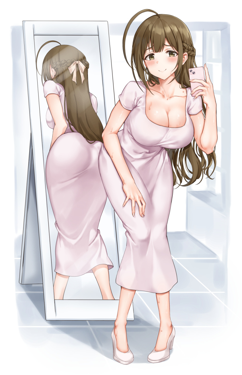 1girl ahoge blush breasts brown_hair cleavage collarbone dress full_body half_updo highres holding holding_phone huge_ahoge idolmaster idolmaster_shiny_colors kuwayama_chiyuki large_breasts leaning_forward long_dress looking_at_viewer mirror phone reflection sirurabbit smile solo sweatdrop taut_clothes taut_dress