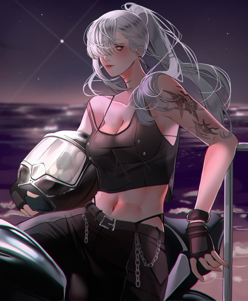 1girl abs ak-15_(girls'_frontline) alternate_costume arm_tattoo bare_arms belt belt_buckle black_gloves breasts buckle chain cleavage collarbone fingerless_gloves girls'_frontline gloves hair_over_one_eye helmet highres holding holding_helmet long_hair motor_vehicle motorcycle motorcycle_helmet navel night night_sky ponytail sanya_(sanya_lox228) sky solo star_(sky) tank_top tattoo white_hair