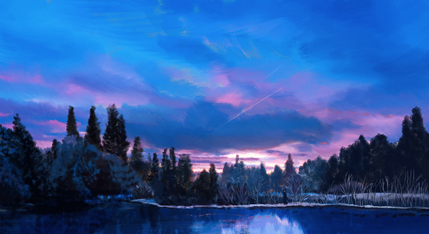 1other black_robe cloud cloudy_sky commentary_request dusk evening forest frozen_lake full_body highres kgt_(pixiv12957613) lake landscape nature original outdoors pine_tree reflection reflective_water robe scenery shooting_star sky tree very_wide_shot