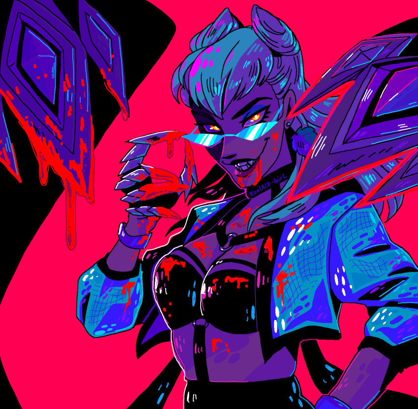 1girl blood breasts cone_hair_bun demon demon_girl glasses hair_bun highres koolaid2 league_of_legends looking_at_viewer medium_breasts microsoft_paint_(medium) neon_palette red_background revealing_clothes solo the_baddest_evelynn upper_body