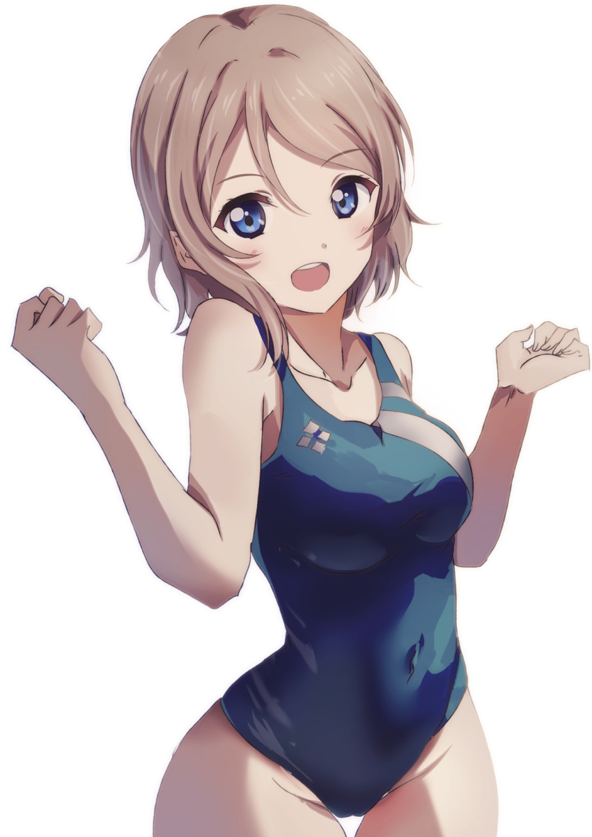 blue_eyes breasts collarbone competition_swimsuit covered_navel cowboy_shot highres light_brown_hair looking_at_viewer love_live! love_live!_sunshine!! medium_breasts natsume_suzuri one-piece_swimsuit short_hair simple_background swimsuit thigh_gap upper_body w_arms watanabe_you white_background