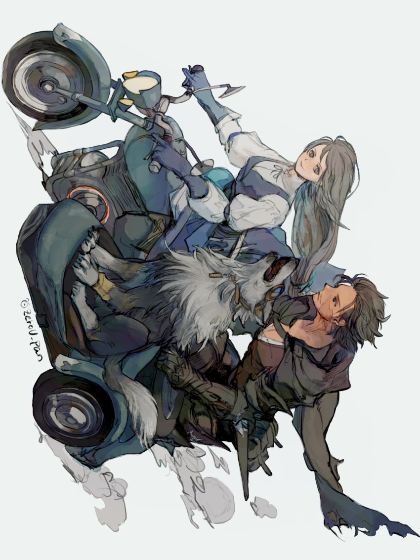 1girl 1other beard_stubble black_cape black_hair cape chinstrap_beard clive_rosfield final_fantasy final_fantasy_xiv final_fantasy_xvi goggles grey_hair grey_wolf highres jill_warrick leather_vest looking_at_another motor_vehicle motorcycle riding scar scar_on_face sidecar smile torgal_(ff16) wolf zerou_pan