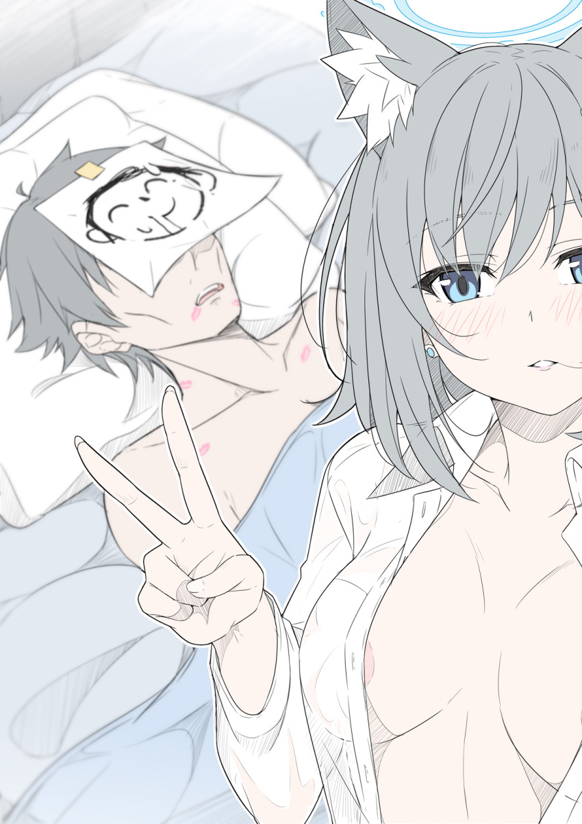 1boy 1girl animal_ear_fluff animal_ears areola_slip arona's_sensei_doodle_(blue_archive) black_hair blue_archive blue_eyes blurry blush breasts breasts_apart collarbone commentary d: depth_of_field dress_shirt earrings emaciated eyelashes eyes_visible_through_hair fingernails foreshortening grey_hair guy_tired_after_sex_(meme) hair_between_eyes hair_in_own_mouth halo head_on_pillow hetero hickey highres indoors jewelry large_breasts lips lipstick_mark long_hair looking_at_viewer masabodo medium_hair meme midriff naked_shirt on_bed open_clothes open_mouth open_shirt parted_lips selfie sensei_(blue_archive) shiroko_(blue_archive) shirt short_hair smile straight-on stud_earrings sunken_cheeks teeth under_covers upper_teeth_only v wolf_ears wolf_girl