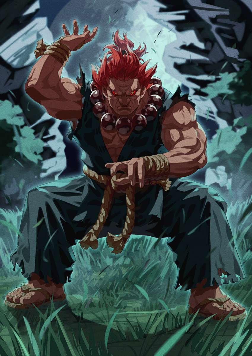 1boy akuma_(street_fighter) colored_sclera dougi highres male_focus muscular muscular_male red_hair red_sclera rope_belt sandals short_hair short_ponytail solo street_fighter yagi2013