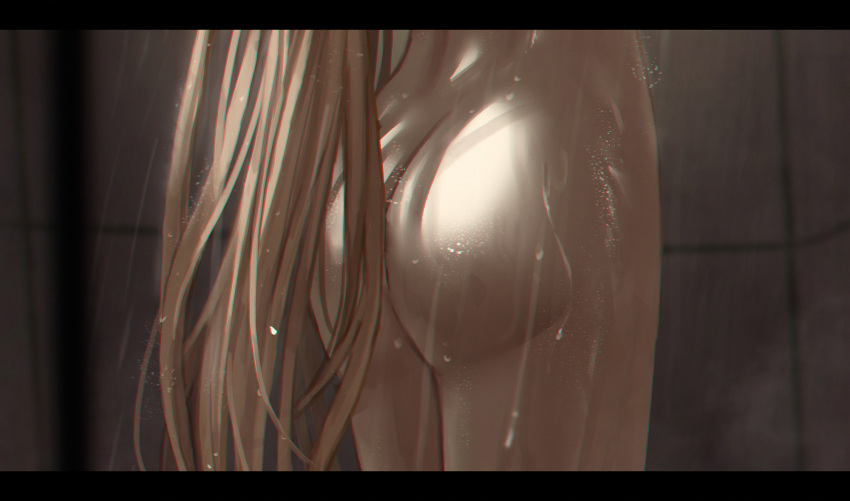 1girl ass ass_focus blonde_hair commentary_request girls'_frontline highres indoors letterboxed long_hair nude ots-14_(girls'_frontline) selcky shower_(place) showering solo standing steam tile_wall tiles very_long_hair wet wet_hair