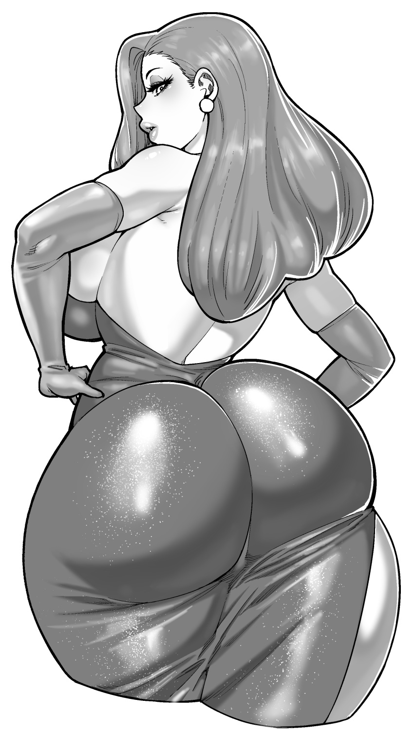 1girl absurdres ass ass_focus backless_dress backless_outfit bare_shoulders blush breasts dress earrings elbow_gloves eyeshadow gloves greyscale highres huge_ass jessica_rabbit jewelry large_breasts lipstick long_hair looking_at_viewer makeup monochrome shiny_clothes skin_tight solo strapless synecdoche thick_thighs thighs who_framed_roger_rabbit