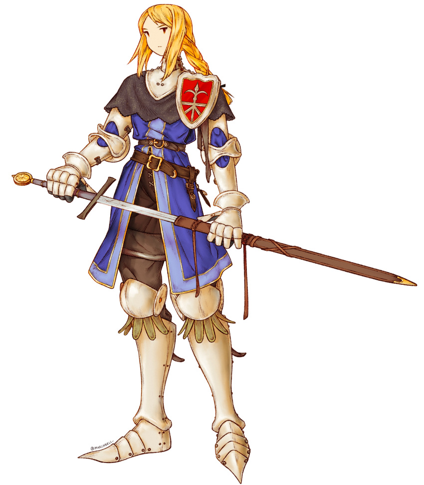 1girl absurdres agrias_oaks armor armored_boots artist_name belt blonde_hair boots braid final_fantasy final_fantasy_tactics full_body gauntlets highres holding holding_weapon holster knight long_hair marchbell official_style shoulder_armor solo standing sword weapon white_background yellow_eyes